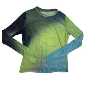 Sheer Gradient Mesh Long‑Sleeve Top 🌈 Y2K Ombre Lightweight Layer 💙💚 Fits S/M